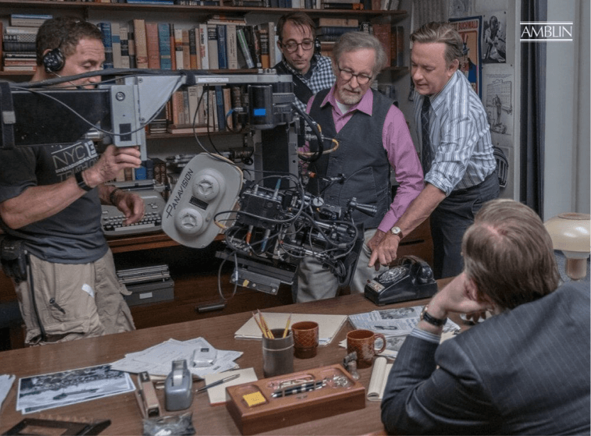 Discussing a shot with actor Tom Hanks, as legendary news editor Ben Bradlee,
in The Post.