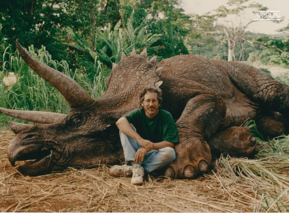 Spielberg on location sitting with the ailing triceratops, a truly astounding creation brought to screen life by the magicians at Stan Winston’s studio. The poor girl should’ve eaten from the craft services table, alas.