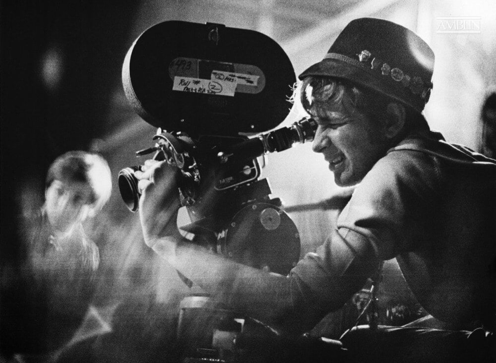 A 21-year-old Steven Spielberg sets up a shot on his 1968 short film, Amblin. Co-Star Richard Levin can be seen (left)